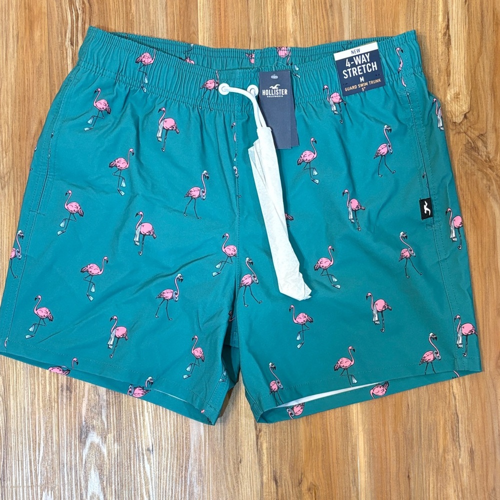 Hollister Men's Teal Flamingo Print Swim Trunks